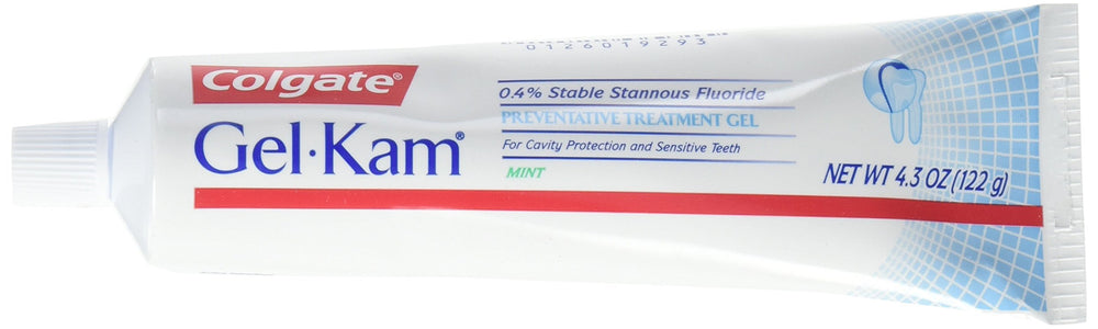 Colgate Gel-Kam frente del tubo mostrando la etiqueta y beneficio preventivo