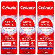 Colgate Optic White vista frontal del paquete mostrando beneficio blanqueador