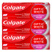Colgate Optic White frontal del empaque mostrando el pack triple y beneficios