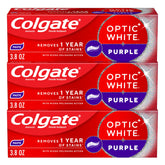 Colgate Optic White Purple frente del empaque mostrando pack triple y beneficio blanqueador
