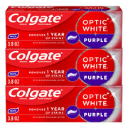 Colgate Optic White Purple frente del empaque mostrando pack triple y beneficio blanqueador