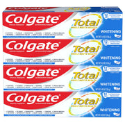 Colgate paquete frontal mostrando cuatro tubos y beneficios