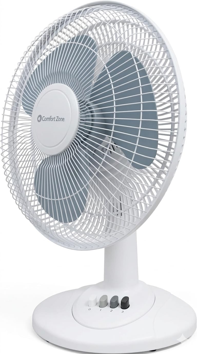 Comfort Zone frontal del ventilador 12" mostrando diseño y estabilidad