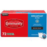 Community Coffee front box showing 72-count pods and easy storage benefit