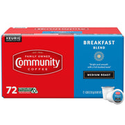 Community Coffee front box showing 72-count pods and easy storage benefit