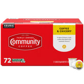 Community Coffee front package showing 72-count pods and brand promise