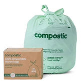 Compostic front packaging showing brand and count, highlights eco benefits