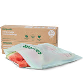 Compostic front view of 60-count gallon pack showing resealable convenience and eco benefit
