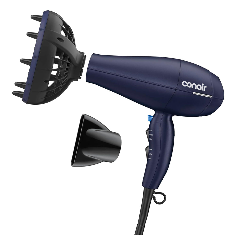 Conair secador frontal azul oscuro mostrando diseño y potencia