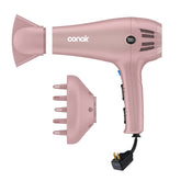 Conair secador frontal mostrando diseño rosa mate y beneficios estéticos