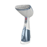Conair Turbo ExtremeSteam front view showing compact blue handheld steamer and benefits