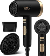 CONFU hair dryer front view showing compact design and strong airflow benefit