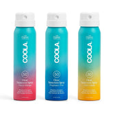 COOLA front packaging three travel sunscreen sprays for easy protection