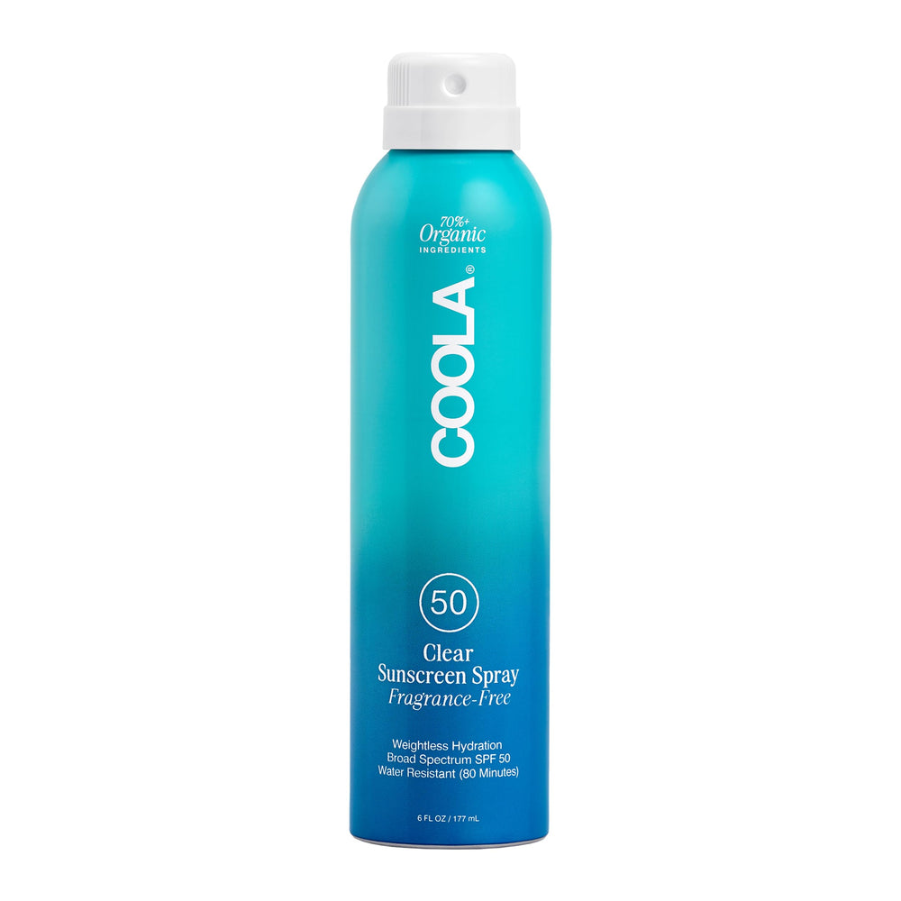 COOLA front packaging of clear SPF 50 spray showing bottle and label benefit