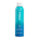 COOLA front packaging of clear SPF 50 spray showing bottle and label benefit