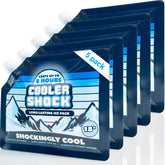 Cooler Shock front packaging showing five reusable ice packs for long-lasting cold