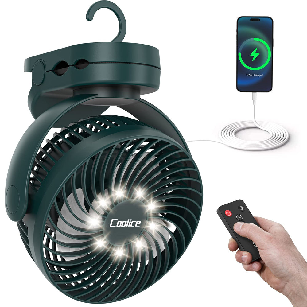 Coolice ventilador frontal mostrando rejilla y diseño portátil, comodidad de transporte