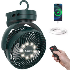 Coolice ventilador frontal mostrando rejilla y diseño portátil, comodidad de transporte