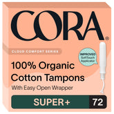 Cora front packaging showing 72 Super Plus tampons and product benefits