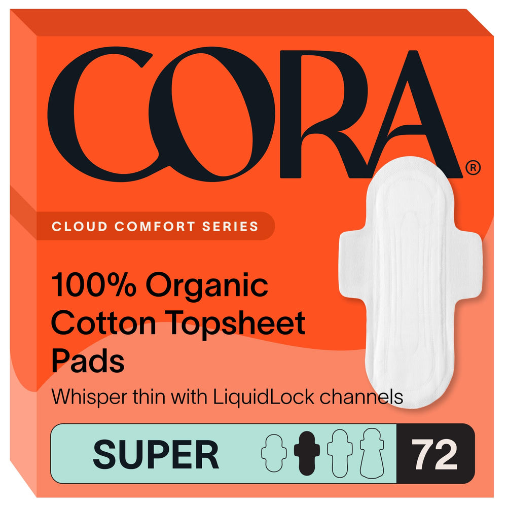 Cora front packaging of 72 Super pads showing product count and branding for reassurance