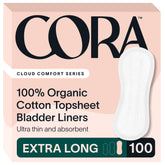 Cora front packaging showing 100 extra long liners and product benefits