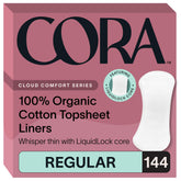 Cora front packaging showing 144 regular liners and long-lasting supply benefit