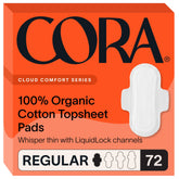 Cora front packaging showing 72 regular pads and clear product benefits