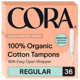 Cora paquete frontal mostrando 36 tampones y diseño claro, beneficio: información clara