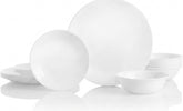Corelle vista frontal del empaque mostrando vajilla Winter Frost, elegante y práctica