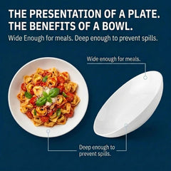 Corelle Versa bowl top view with pasta salad demonstrating generous capacity