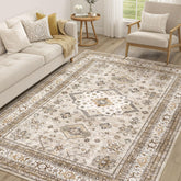 cotiled front view beige rug showing full vintage pattern and room harmony