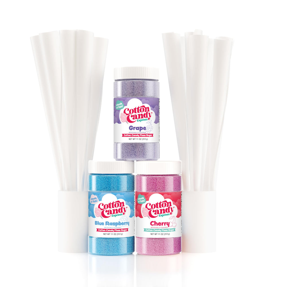 Cotton Candy Express frascos frontales mostrando los tres sabores y volumen