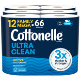 Cottonelle embalaje frontal mostrando 12 Family Mega Rolls y beneficio de larga duración