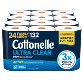 Cottonelle frente del paquete de 24 rollos mostrando ahorro y duración