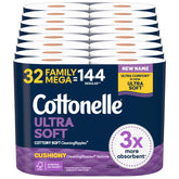 Cottonelle front packaging showing 32 family mega rolls and long-lasting supply