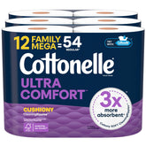 Cottonelle paquete frontal mostrando 12 Family Mega Rolls y ahorro