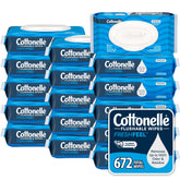 Cottonelle paquete frontal mostrando 16 envases y 672 toallitas beneficios prácticos