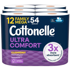 Cottonelle paquete frontal mostrando 12 Family Mega Rolls y ahorro