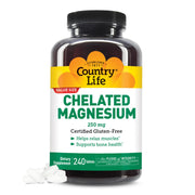Country Life envase frontal del magnesio 250 mg mostrando etiqueta y beneficio práctico