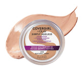 COVERGIRL envase frontal de Simply Ageless mostrando tono y aplicador para ofrecer cobertura uniforme