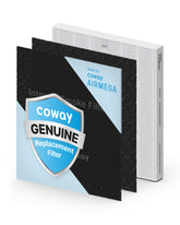 Coway front packaging of Airmega filter set showing model compatibility and benefits