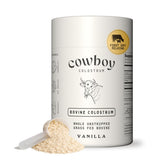 COWBOY COLOSTRUM front packaging showing vanilla tub and serving claims, inspires trust