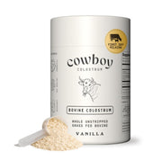 COWBOY COLOSTRUM front packaging showing vanilla tub and serving claims, inspires trust