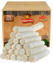 Cowdog Chews retriever roll front view showing full rawhide chew and size benefit