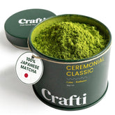 Crafti caja frontal del matcha mostrando el envase y beneficio de autenticidad