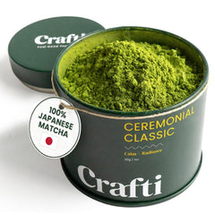 Crafti caja frontal del matcha mostrando el envase y beneficio de autenticidad