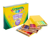 Crayola front packaging showing 120 colored pencils and organized layout benefit