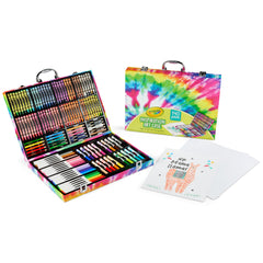 Crayola estuche tie-dye frontal mostrando diseño colorido y portabilidad