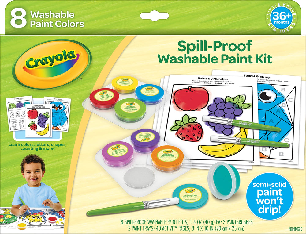 Crayola frontal del set mostrando 8 colores y accesorios, favorece creatividad segura