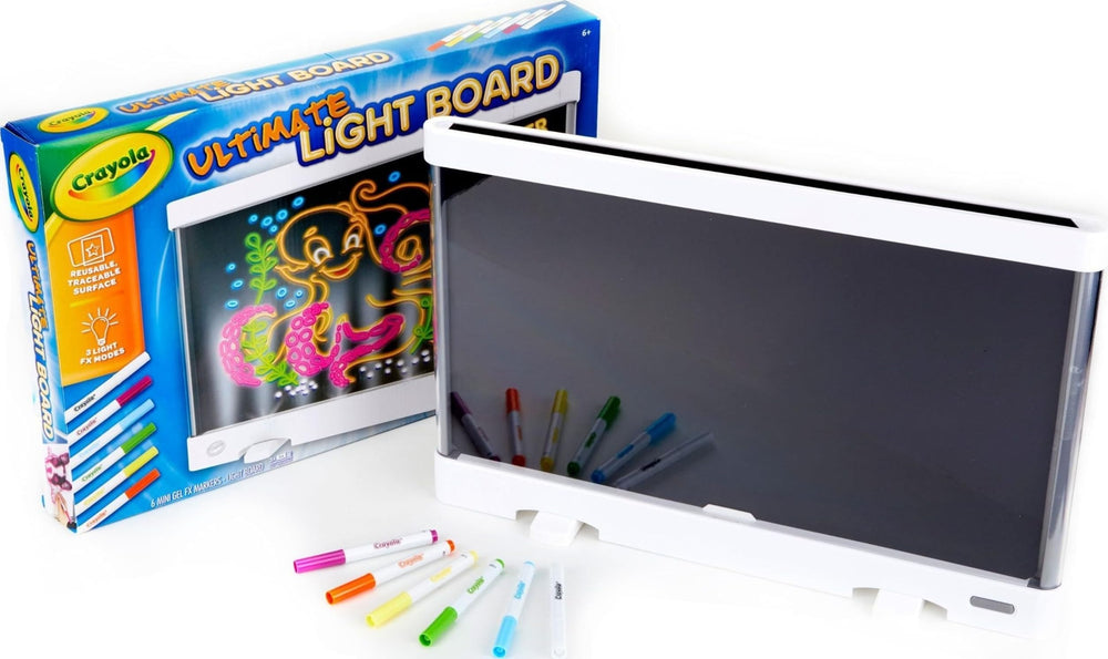 Crayola Ultimate Light Board front view showing white frame and illuminated surface, inspires creative play
